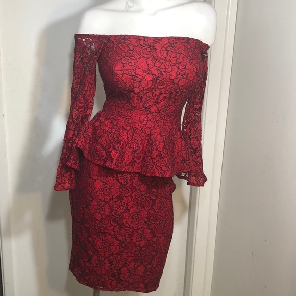 WhimsiGoth Red Black Tipped lace Peplum Cocktail Sexy Dress Sz 0 - Picture 4 of 14